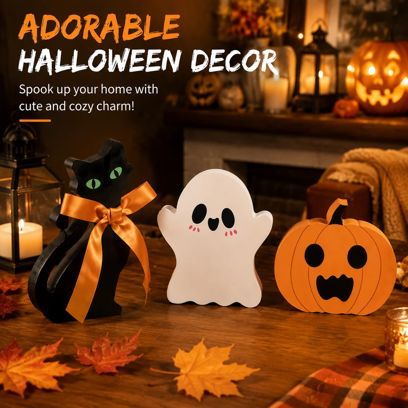【Buy 1 Get 2nd 35% OFF】🎃Cute Halloween Wooden Decorations Set – Ghost, Black Cat & Pumpkin Fall Home Decor