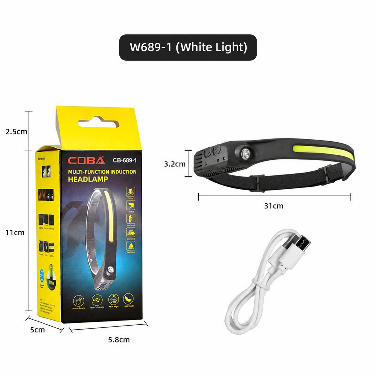 230° LED band plus a spotlight, hands-free.