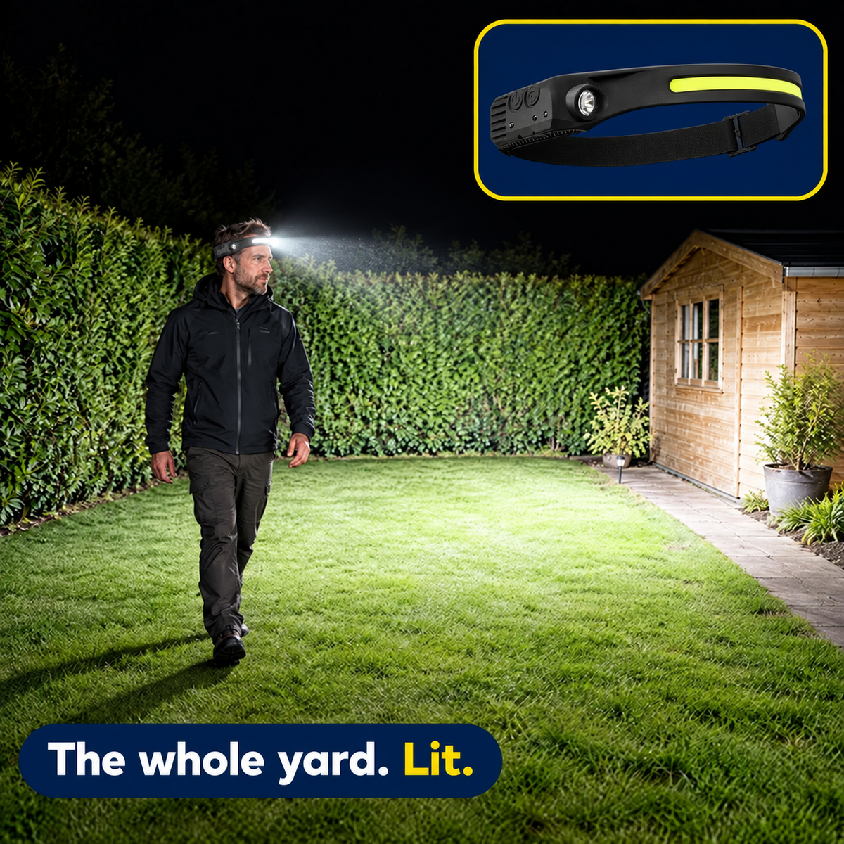 230° LED band plus a spotlight, hands-free.