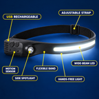 230° LED band plus a spotlight, hands-free.