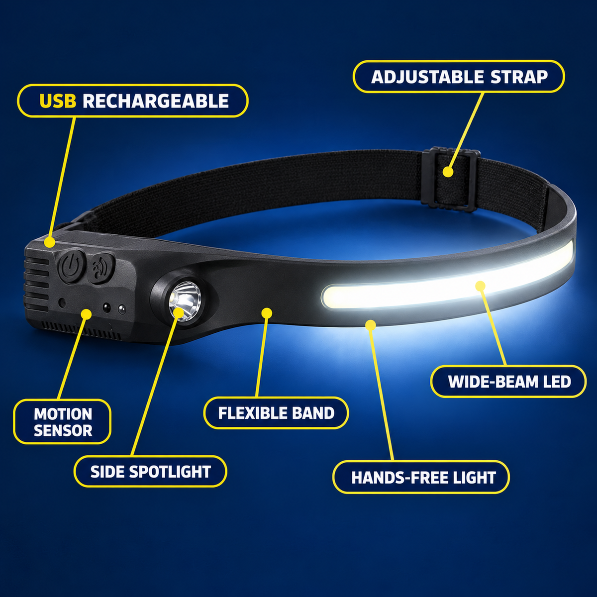 230° LED band plus a spotlight, hands-free.