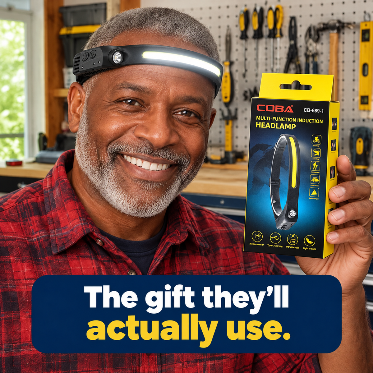 230° LED band plus a spotlight, hands-free.