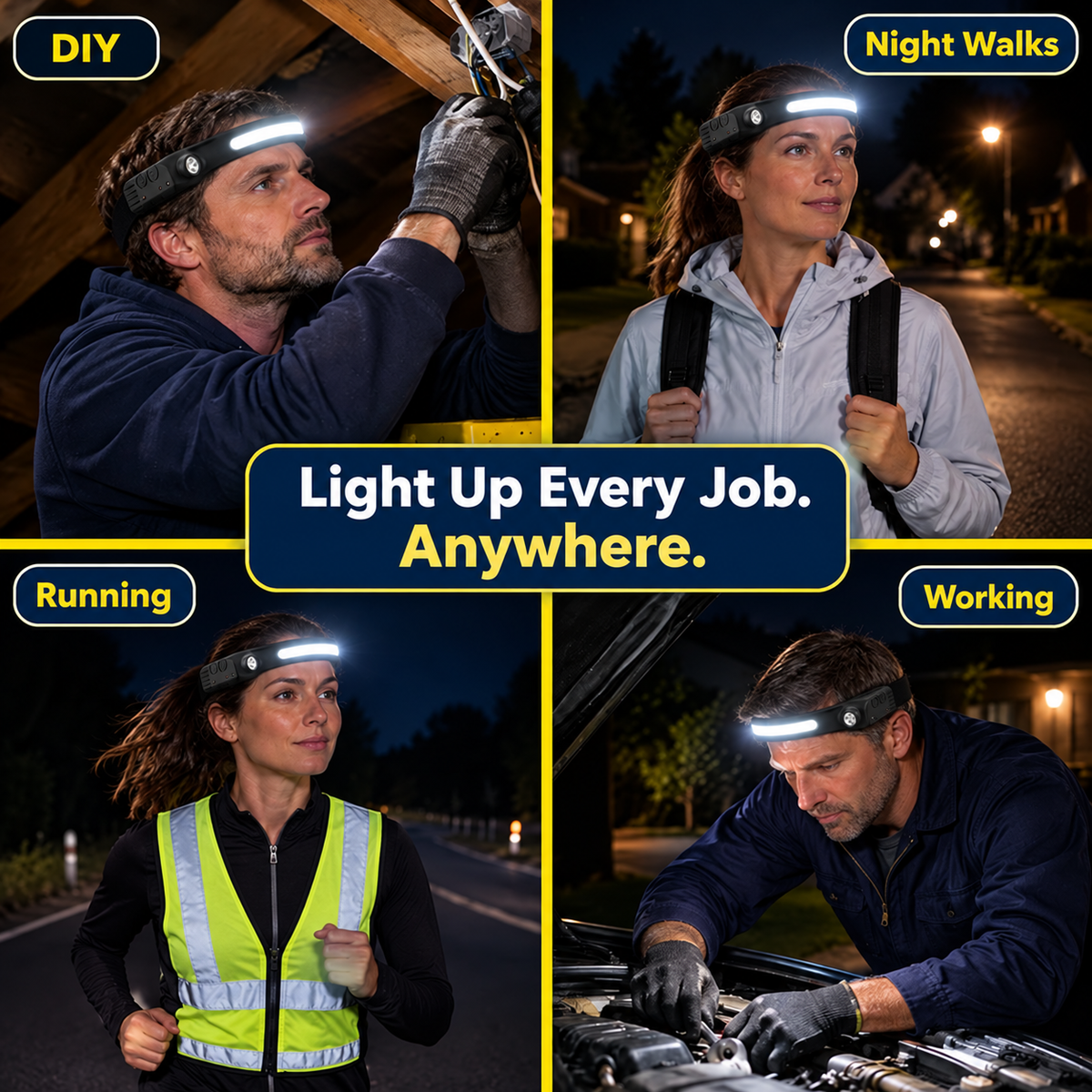 230° LED band plus a spotlight, hands-free.