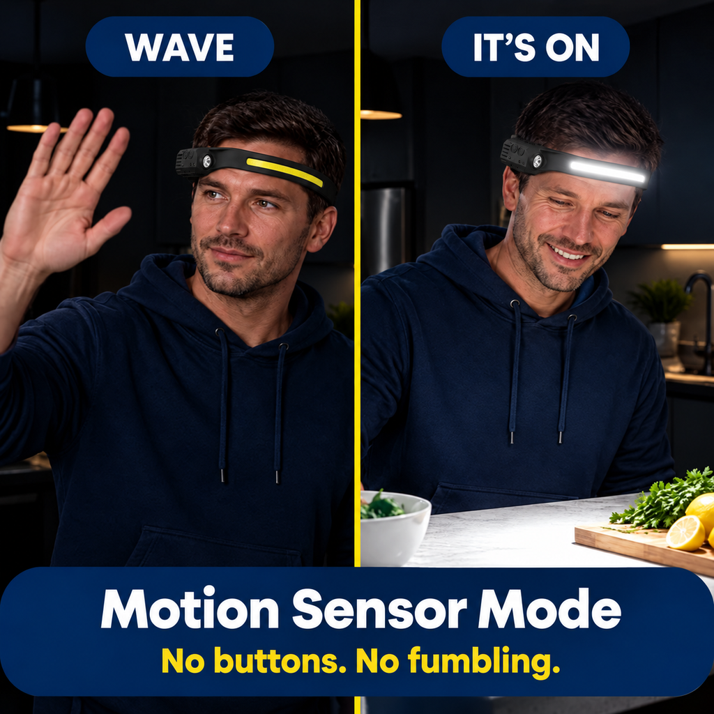 230° LED band plus a spotlight, hands-free.