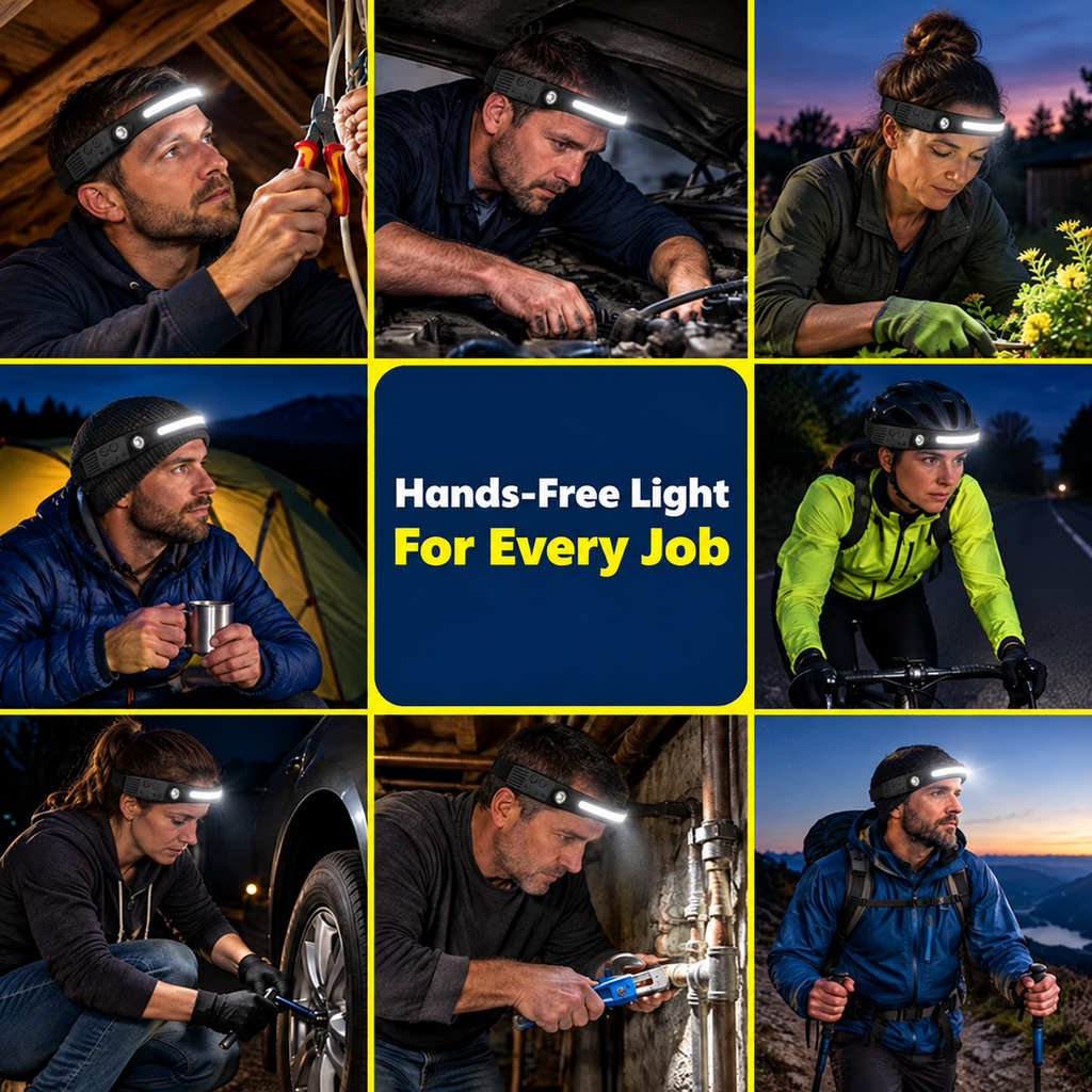 230° LED band plus a spotlight, hands-free.