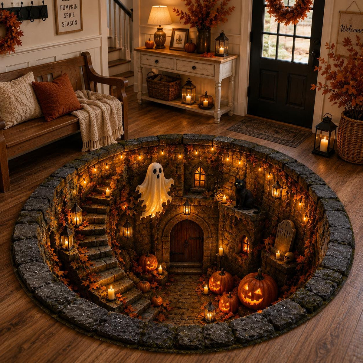 Flat Halloween Haunted Well Round Rug