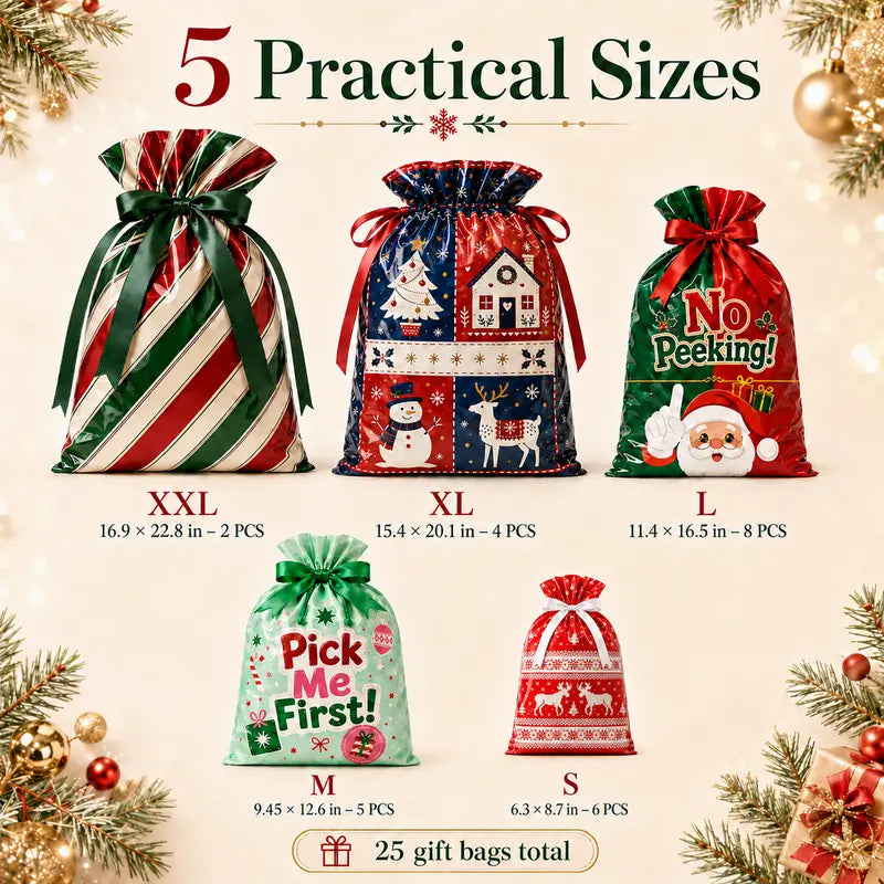 Christmas drawstring gift bags in assorted sizes